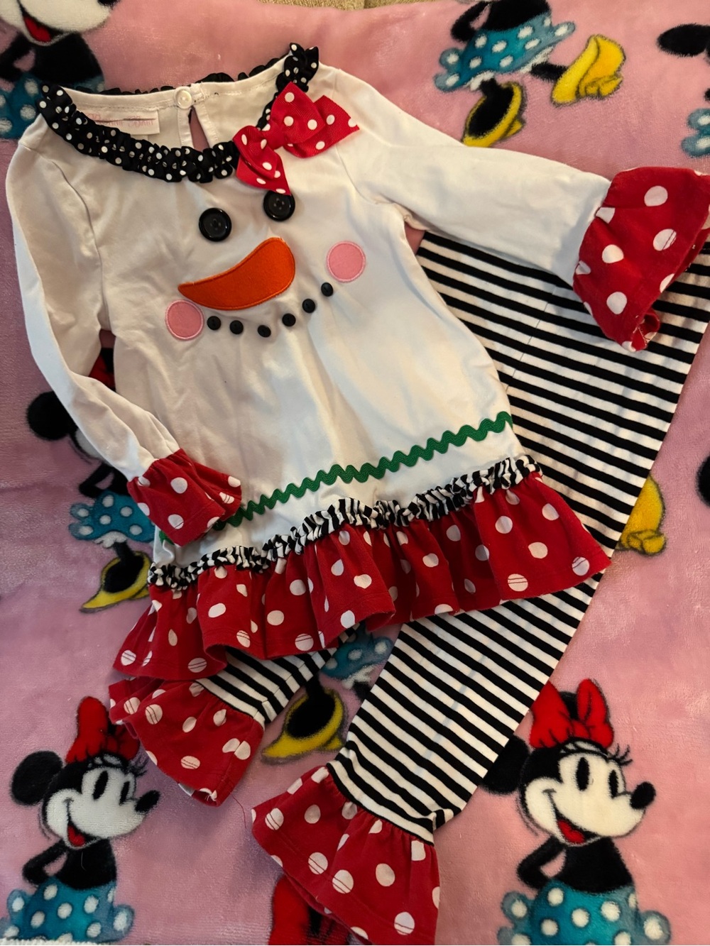 Girls White & Red Snowman Ruffle Christmas Holiday Set 24 Months C3